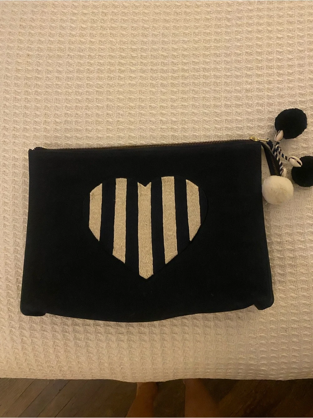 Black canvas Heart Stripe Pouch with Pom Pom Tassels